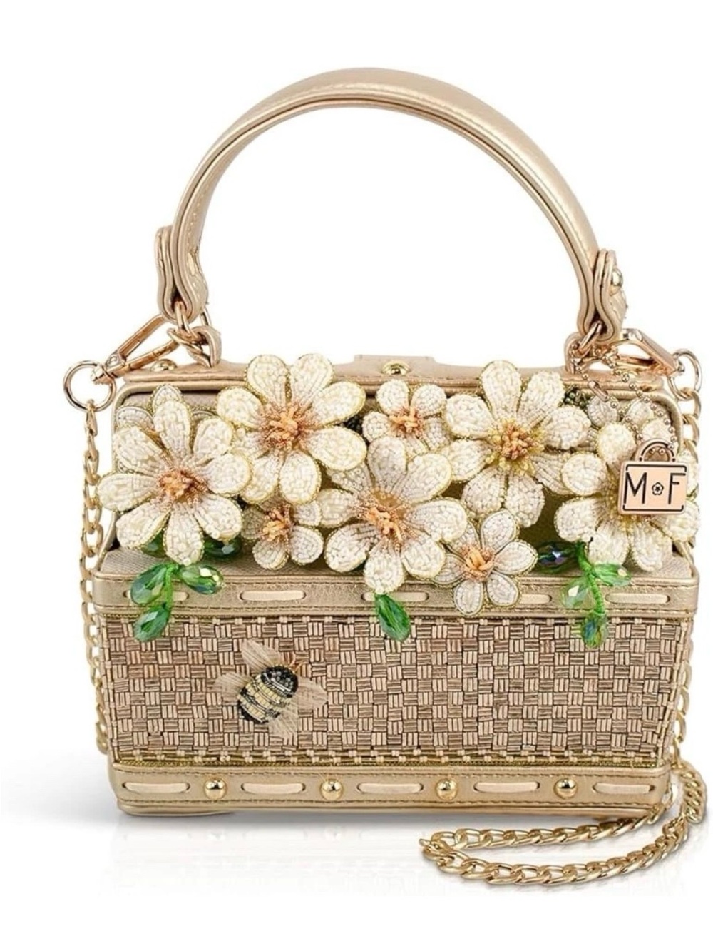 Mary Frances Basket of Sunshine Gold Floral Beaded Mini Top-Handle Bag